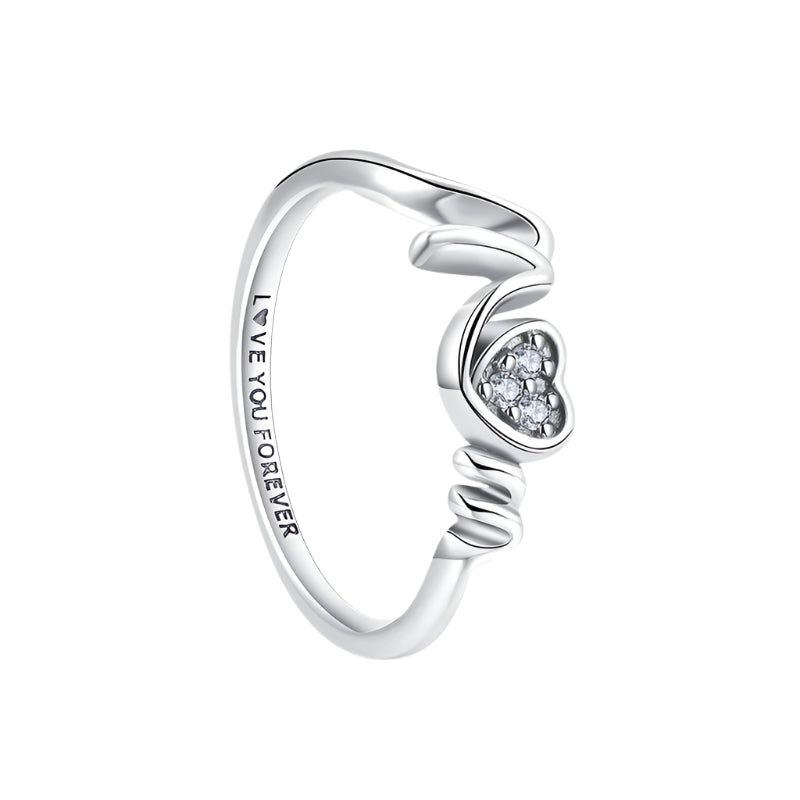 Silver ring with heart design and 'Love You Forever' engraving on a white background