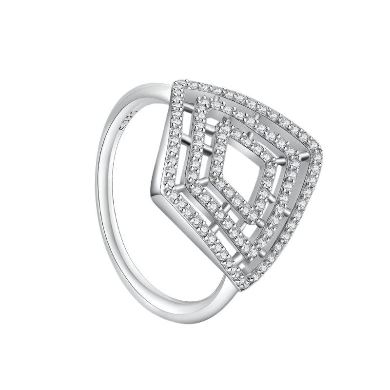 Silver ring with geometric design on a white background, featuring 'Sterling 925' stamp.