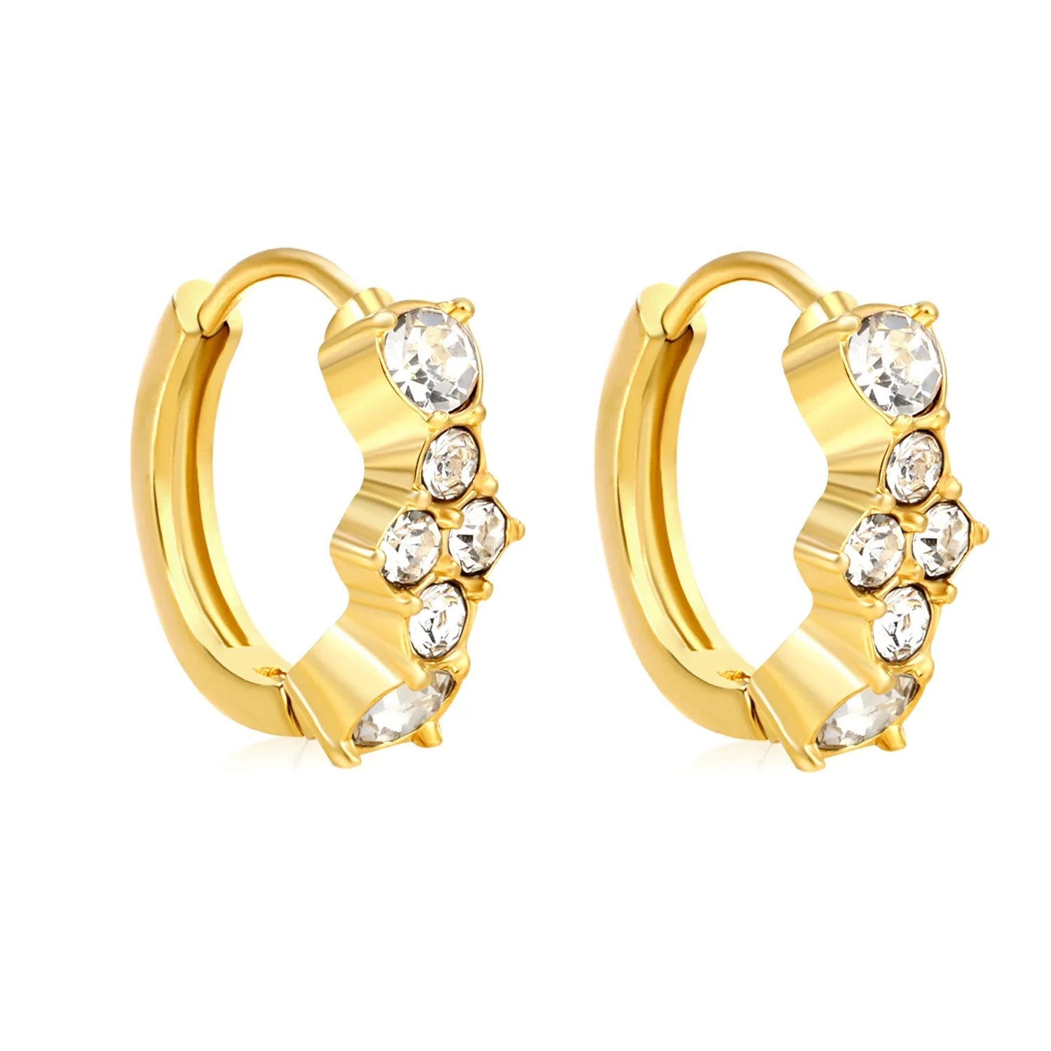 Gold hoop earrings with clear gemstones on a white background