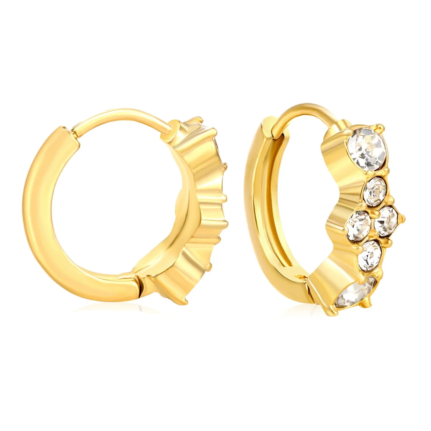 Gold hoop earrings with embedded crystals on a white background