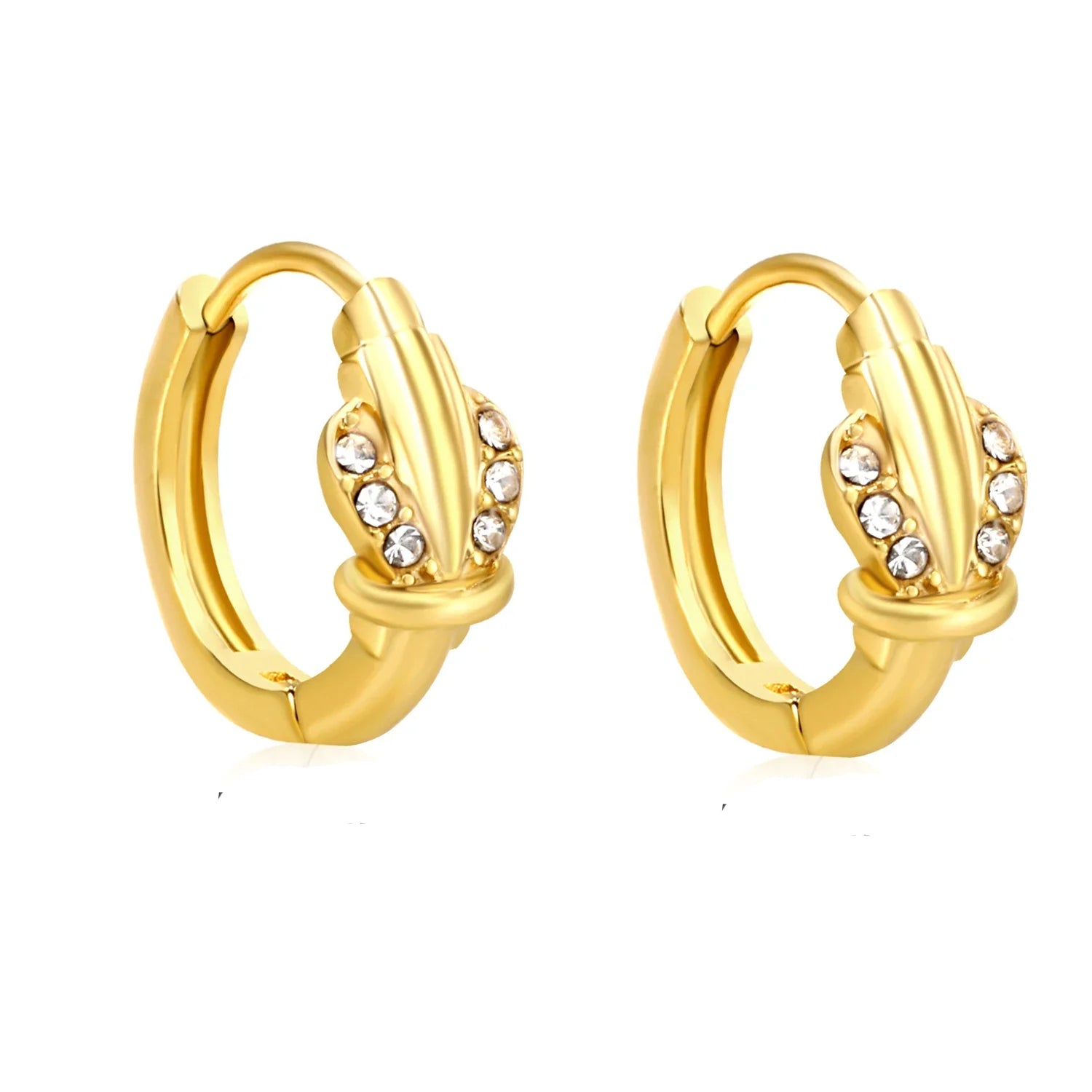 Gold hoop earrings with embedded stones on a white background
