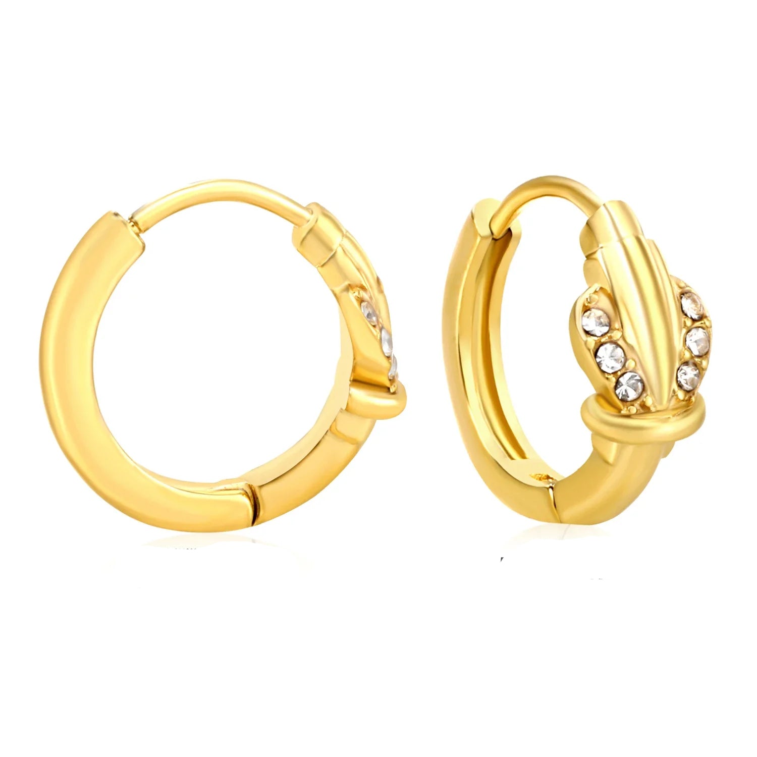 Gold hoop earrings with embedded stones on a white background