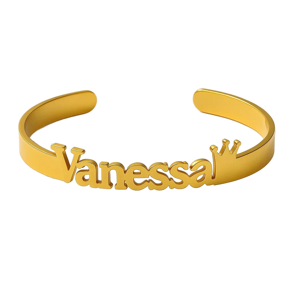 Gold bracelet with 'Vanessa' and a crown on a white background