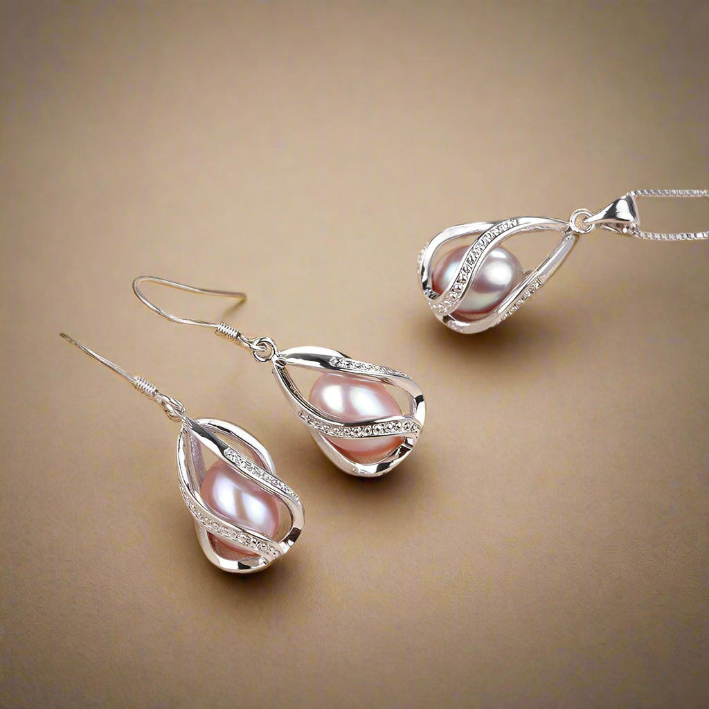 Real Natural Freshwater Peal In Cage Jewelry Set For Women,Drop Shape, 18in White/Pink/Purple/Black Earrings&Pendant.