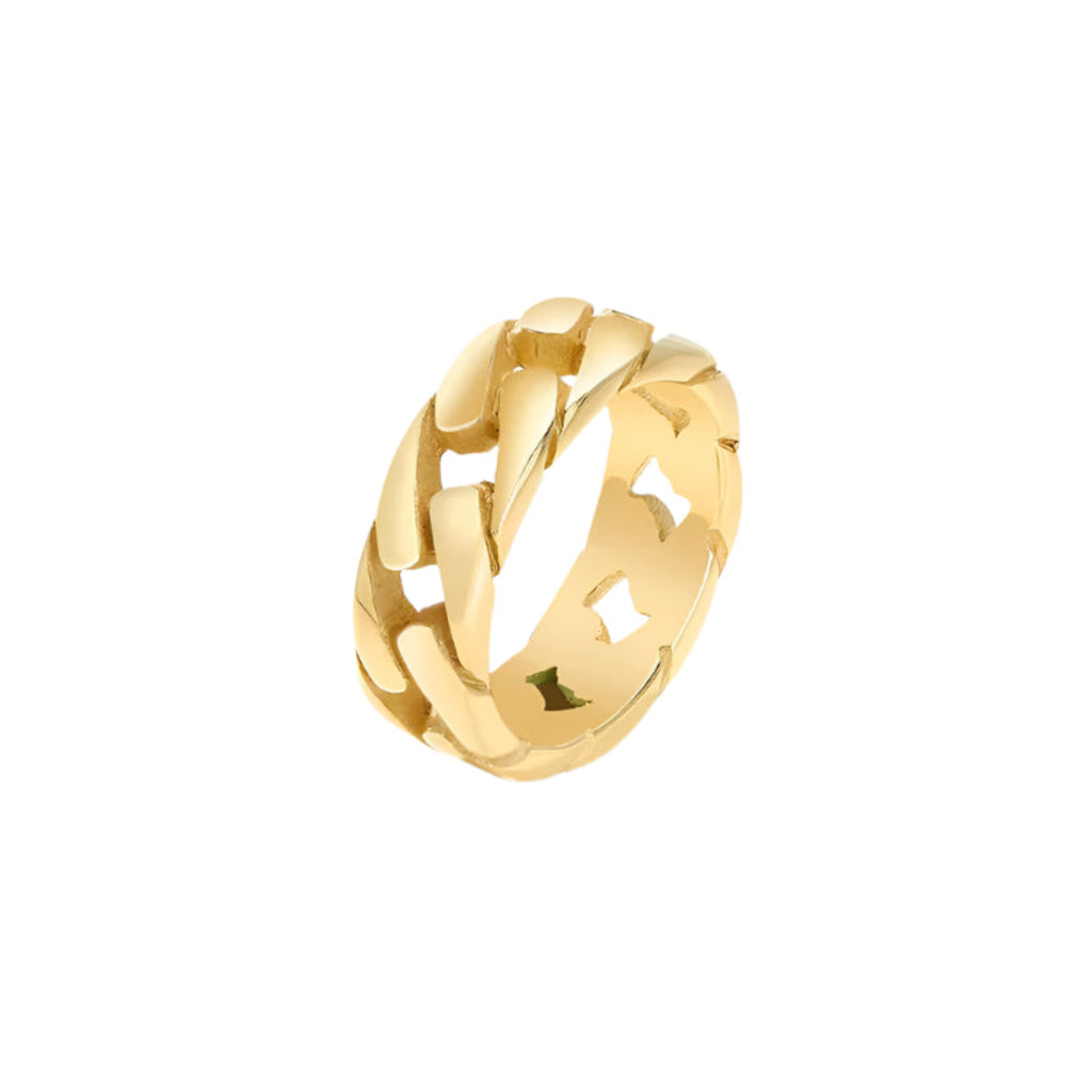 Golden woven ring on a white surface
