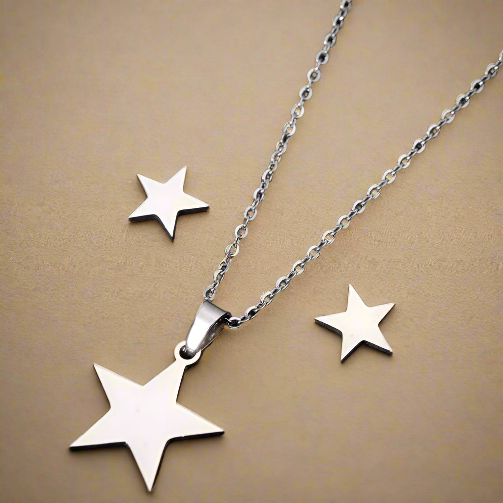 Silver star stainless steel jewelry set close-up
