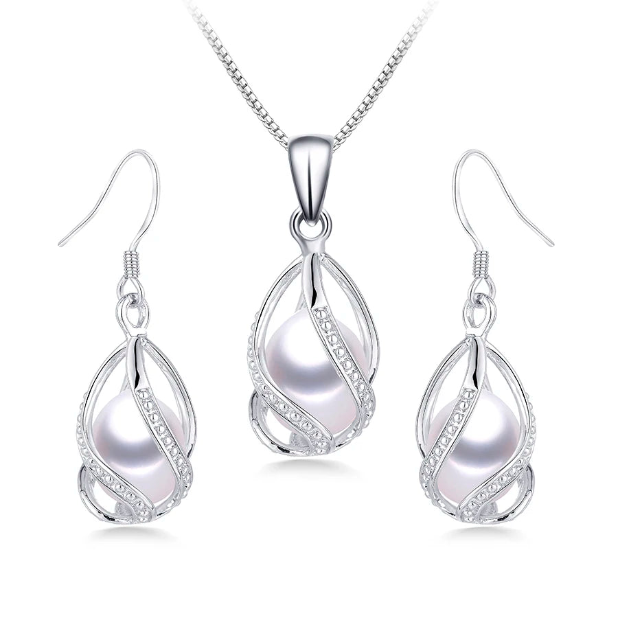 Real Natural Freshwater Peal In Cage Jewelry Set For Women,Drop Shape, 18in White/Pink/Purple/Black Earrings&Pendant.