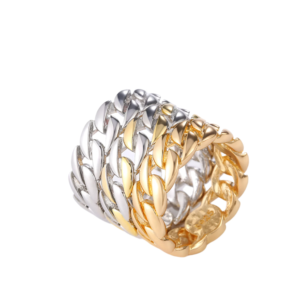 Cuban link band ring shown in 18K gold finish”