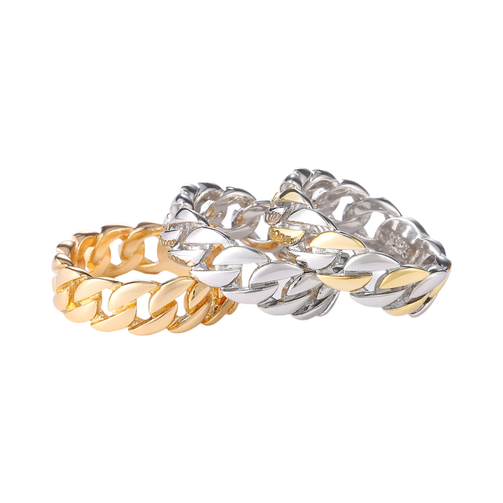 Cuban link band ring shown in 18K gold finish”