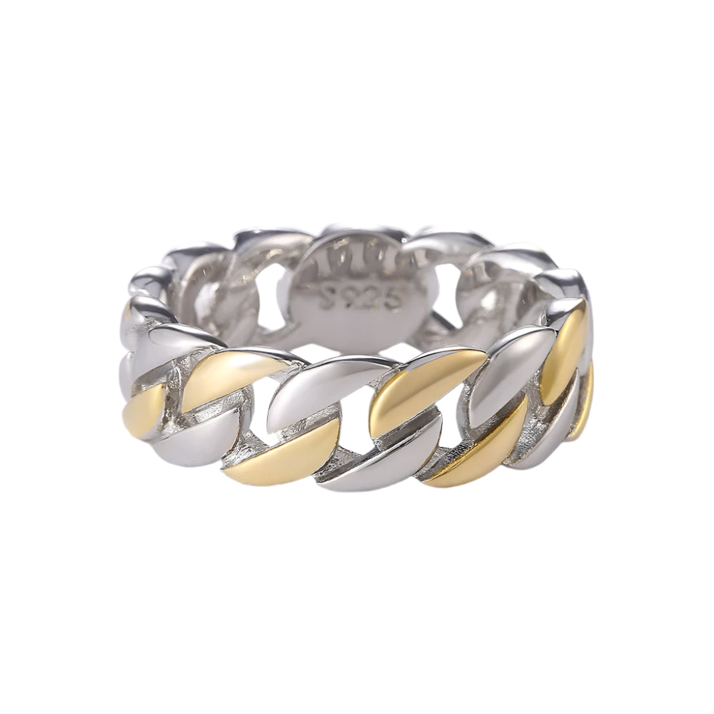 Cuban link band ring shown in 18K gold finish”
