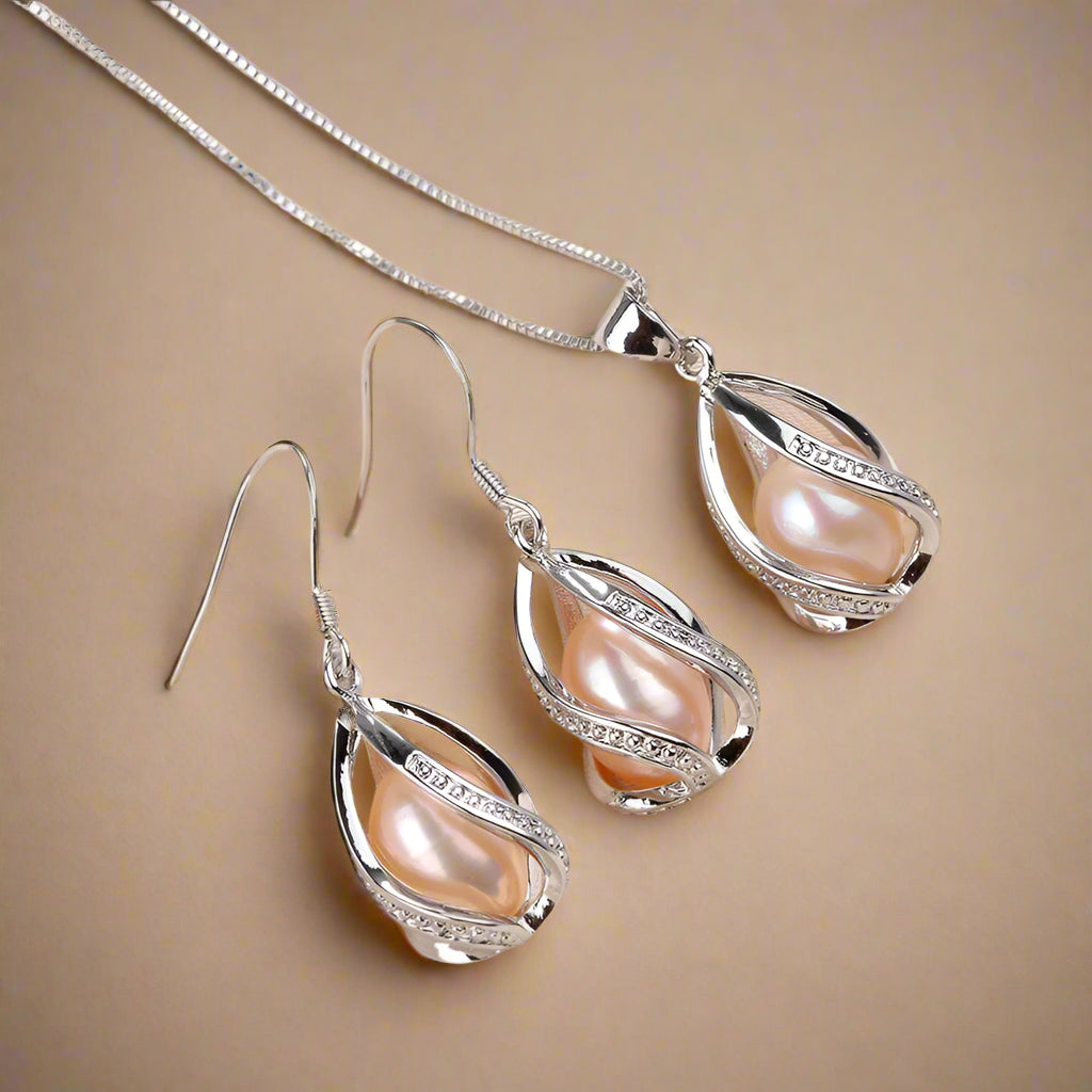 Real Natural Freshwater Peal In Cage Jewelry Set For Women,Drop Shape, 18in White/Pink/Purple/Black Earrings&Pendant.