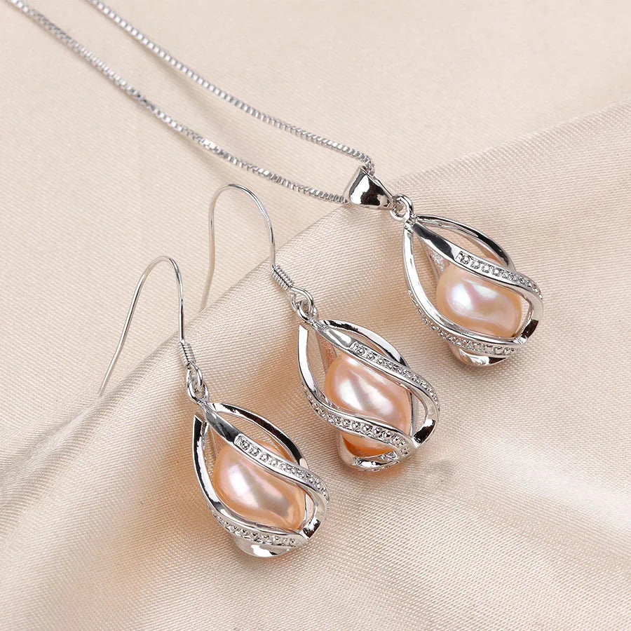 Real Natural Freshwater Peal In Cage Jewelry Set For Women,Drop Shape, 18in White/Pink/Purple/Black Earrings&Pendant.