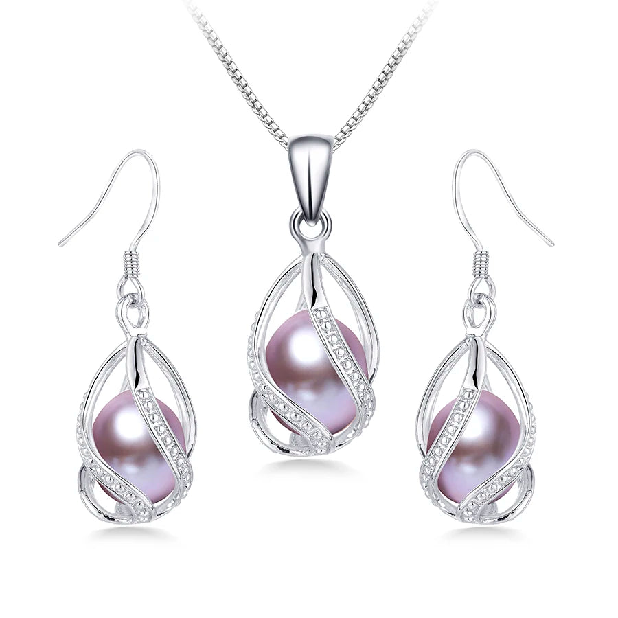 Real Natural Freshwater Peal In Cage Jewelry Set For Women,Drop Shape, 18in White/Pink/Purple/Black Earrings&Pendant.