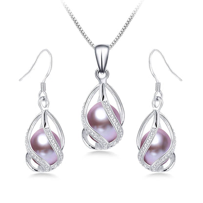 Real Natural Freshwater Peal In Cage Jewelry Set For Women,Drop Shape, 18in White/Pink/Purple/Black Earrings&Pendant.