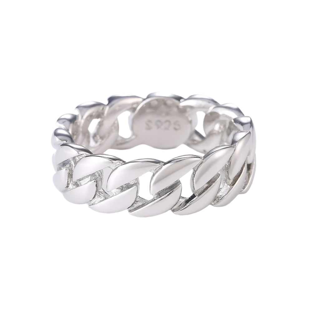 Cuban link band ring shown in 18K gold finish”