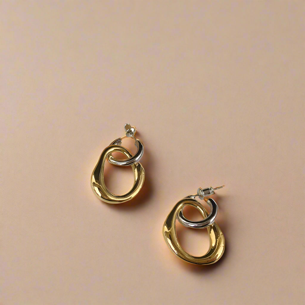 Dual Flow: Gold & Silver Abstract Drop Earrings