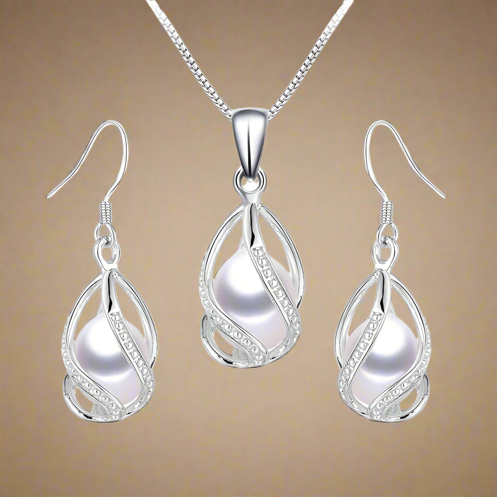 Real Natural Freshwater Peal In Cage Jewelry Set For Women,Drop Shape, 18in White/Pink/Purple/Black Earrings&Pendant.
