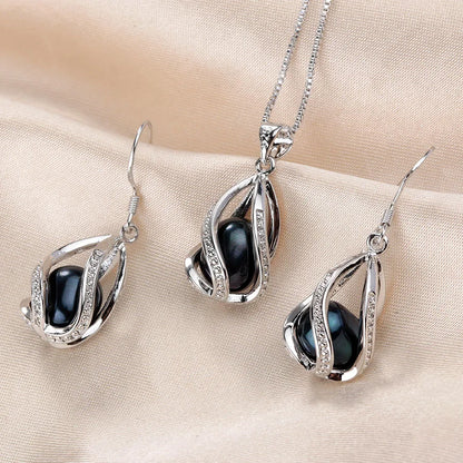 Real Natural Freshwater Peal In Cage Jewelry Set For Women,Drop Shape, 18in White/Pink/Purple/Black Earrings&Pendant.