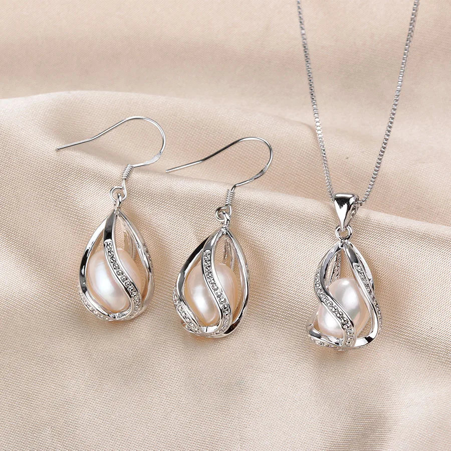 Real Natural Freshwater Peal In Cage Jewelry Set For Women,Drop Shape, 18in White/Pink/Purple/Black Earrings&Pendant.