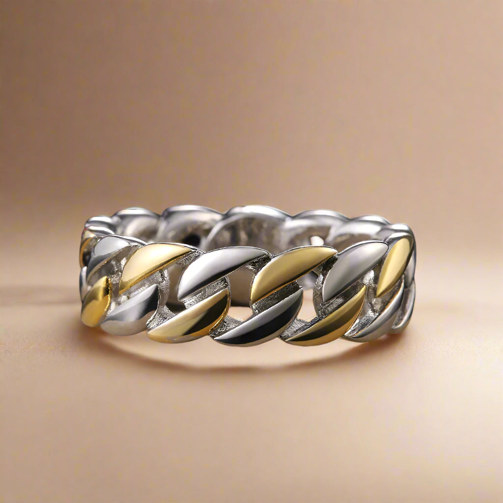 Cuban link band ring shown in 18K gold finish