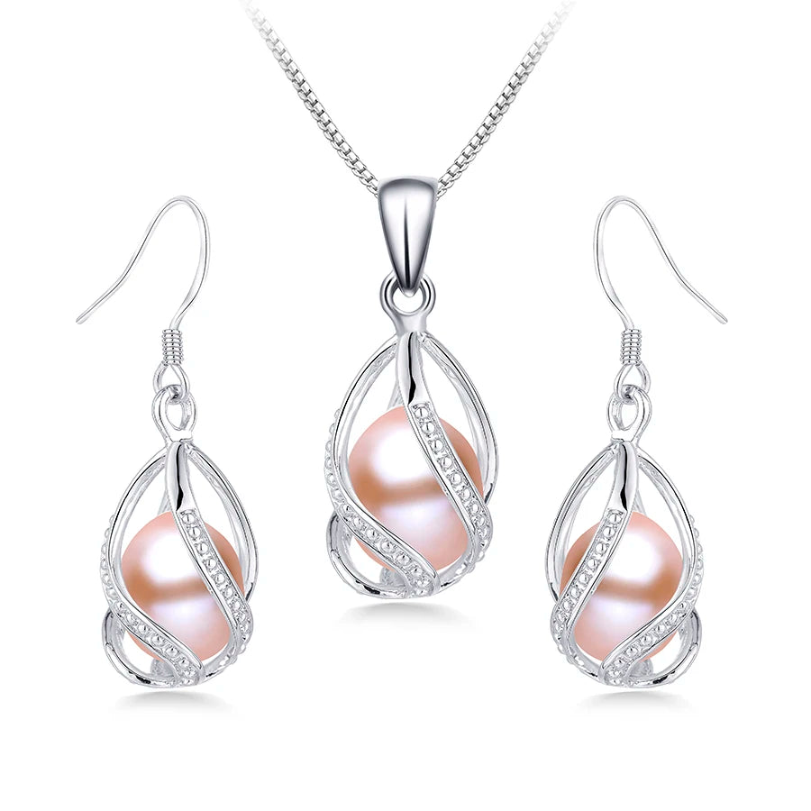 Real Natural Freshwater Peal In Cage Jewelry Set For Women,Drop Shape, 18in White/Pink/Purple/Black Earrings&Pendant.