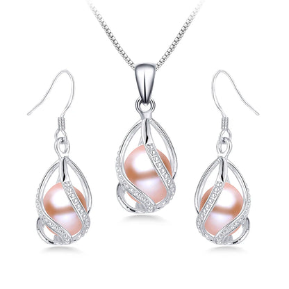 Real Natural Freshwater Peal In Cage Jewelry Set For Women,Drop Shape, 18in White/Pink/Purple/Black Earrings&Pendant.