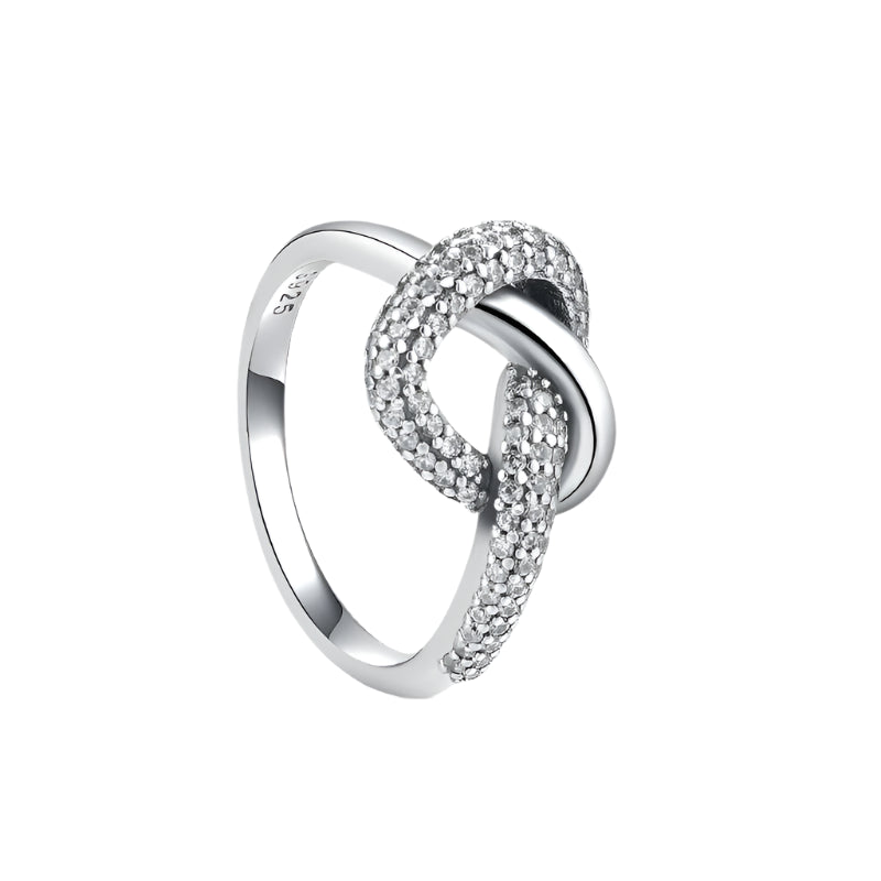 Silver ring with interlocking design on a white background, featuring 'Sterling 925' stamp.