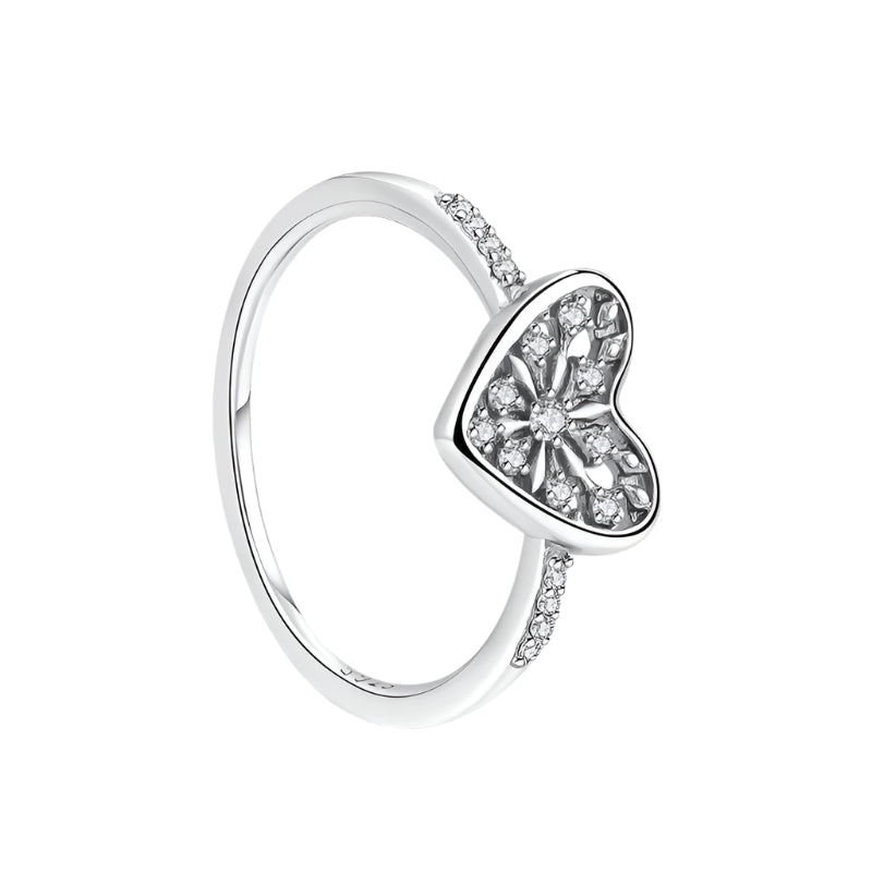 Silver heart-shaped ring with embedded stones on a white background, featuring a 'Real Sterling Silver 925' stamp.