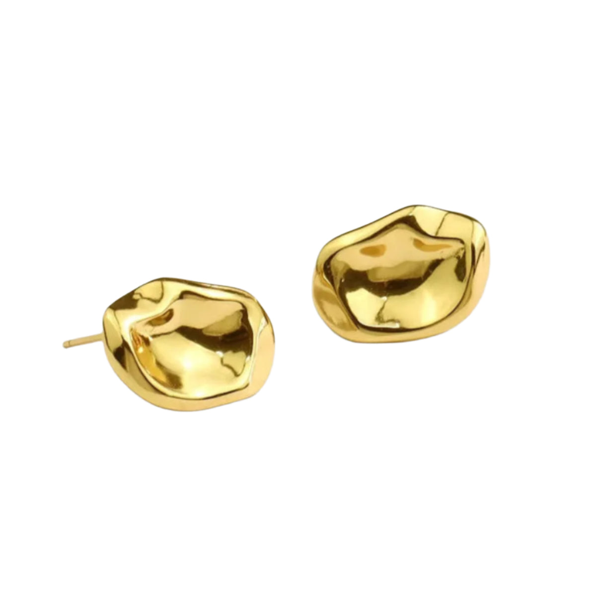 Molten Metal stud earrings in high-shine silver finish on white background