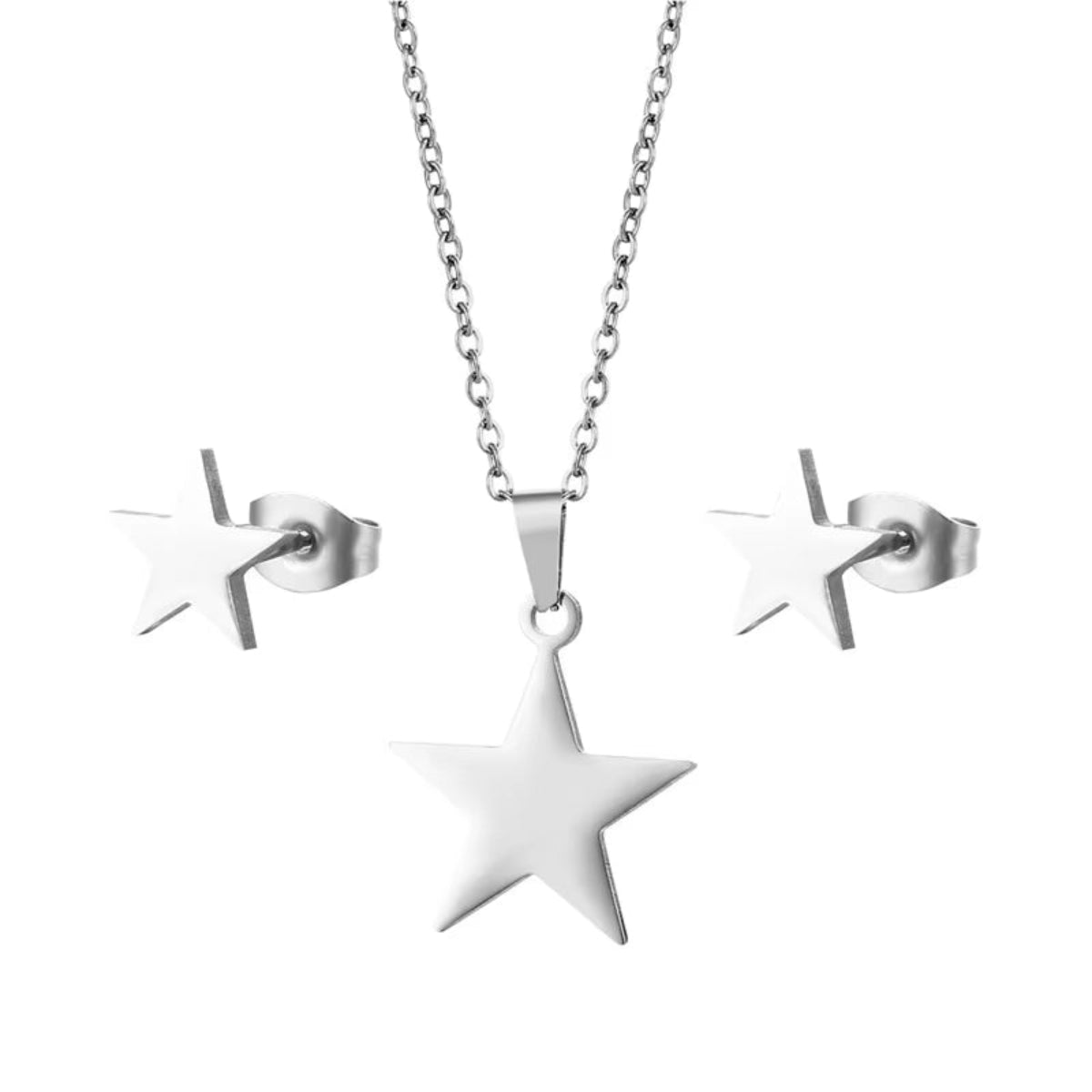 Silver star stainless steel jewelry set close-up