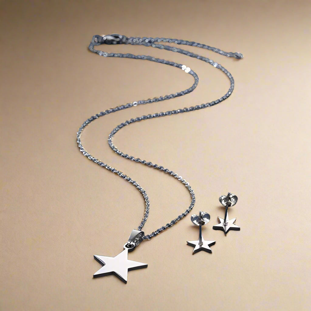 Silver star stainless steel jewelry set close-up