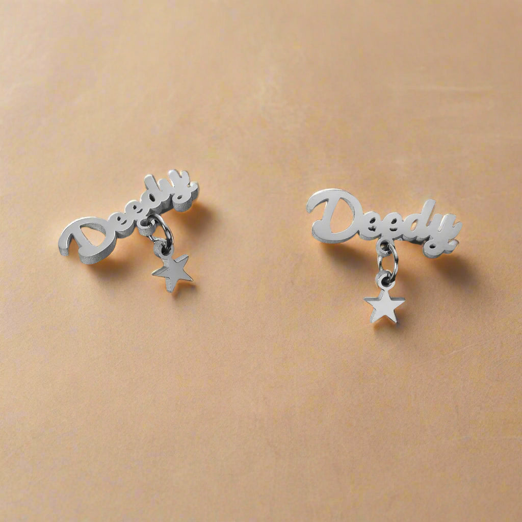 Earrings with name engraving and star drop for women and girls