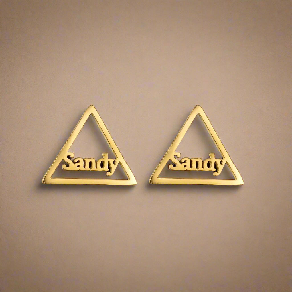 Gold triangular earrings with customizable names