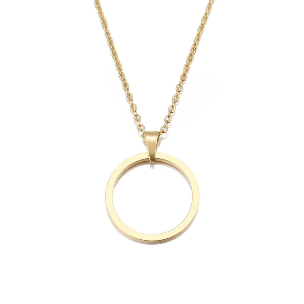 Gold stainless steel circle jewelry set on black background – necklace and stud earrings