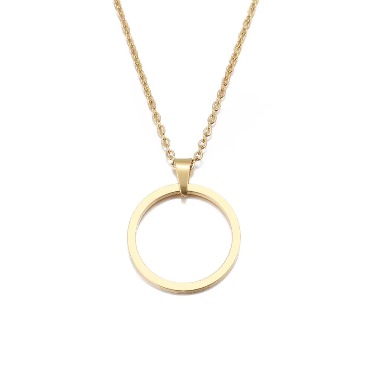 Gold stainless steel circle jewelry set on black background – necklace and stud earrings