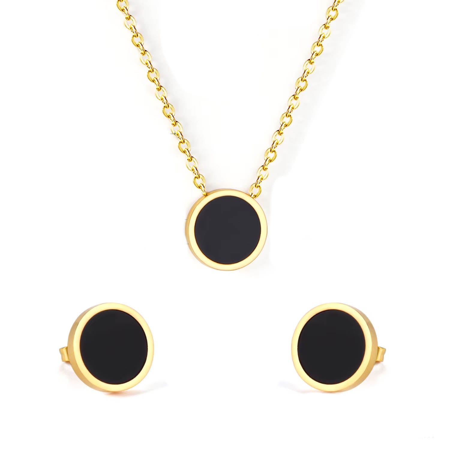 Gold round enamel necklace and earring set 