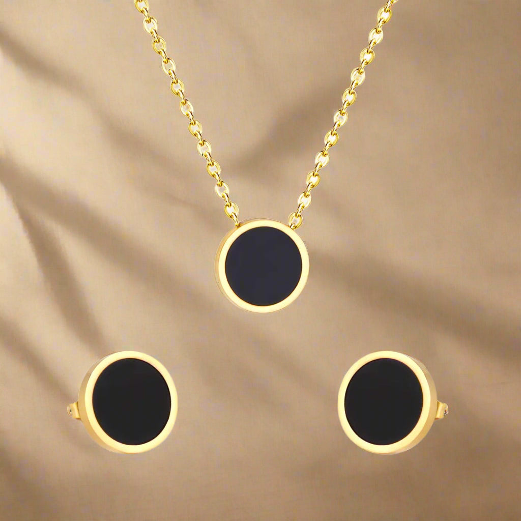 Gold round enamel necklace and earring set 