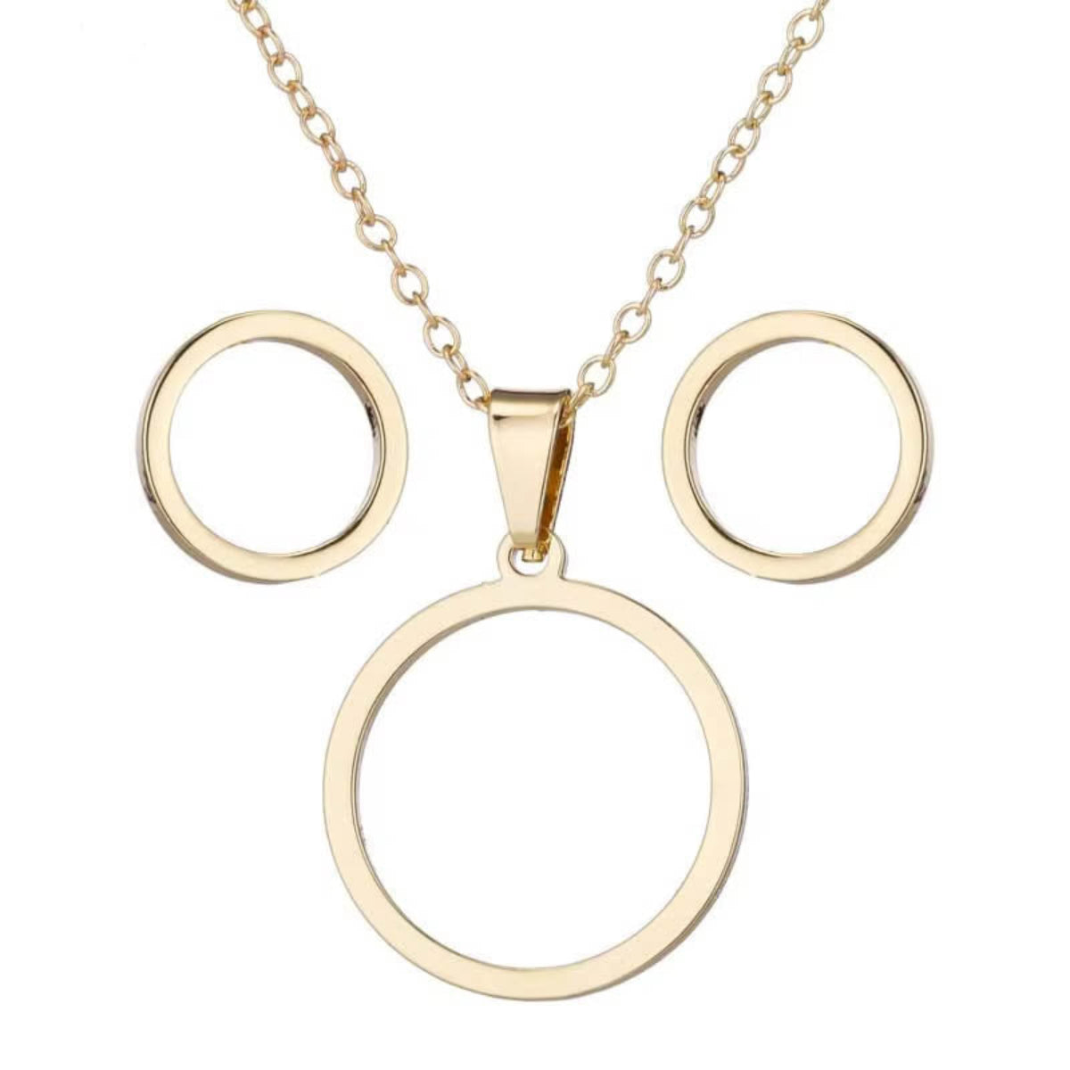 Gold stainless steel circle jewelry set on black background – necklace and stud earrings