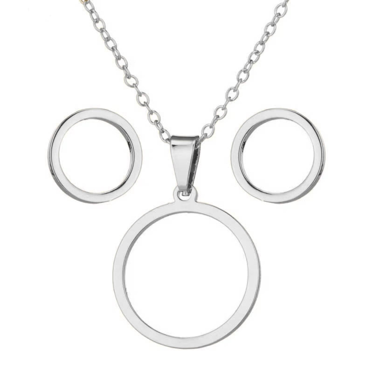 Silver stainless steel circle jewelry set on black background – necklace and stud earrings