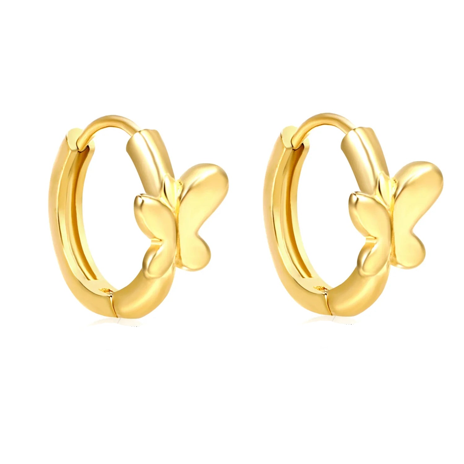 Gold butterfly hoop earrings on a white background