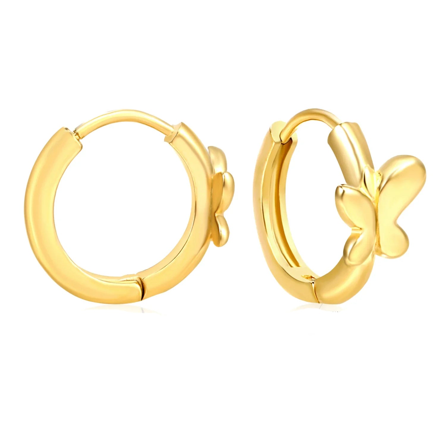 Gold hoop earrings with butterfly designs on a white background