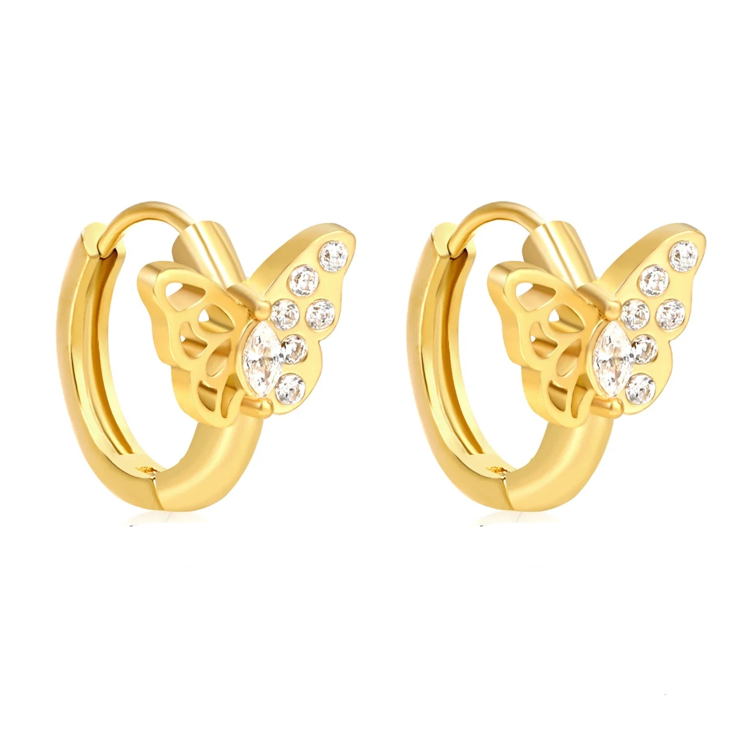 Gold butterfly hoop earrings with clear gemstones on a white background