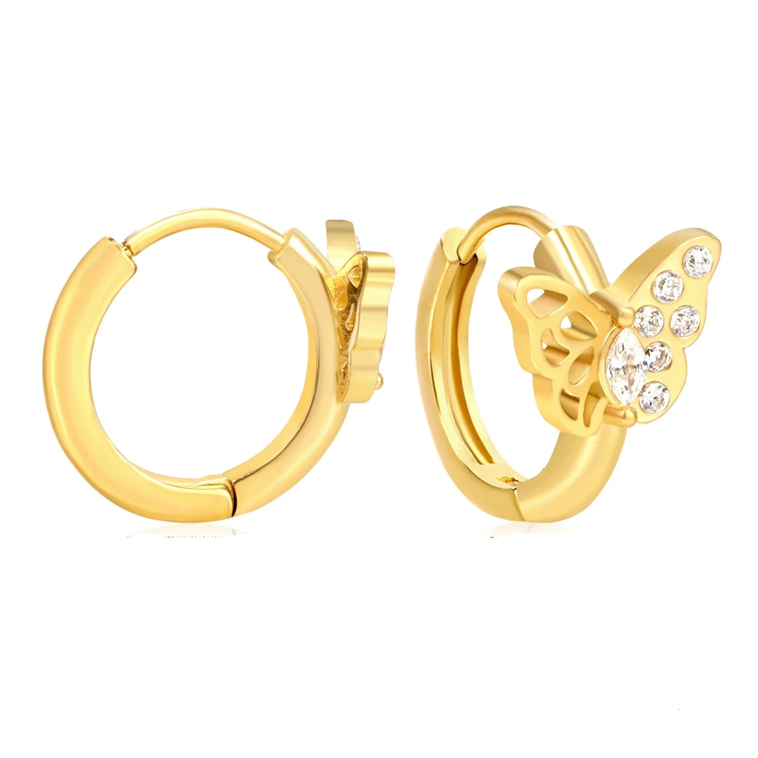 Gold hoop earrings with butterfly design on a white background