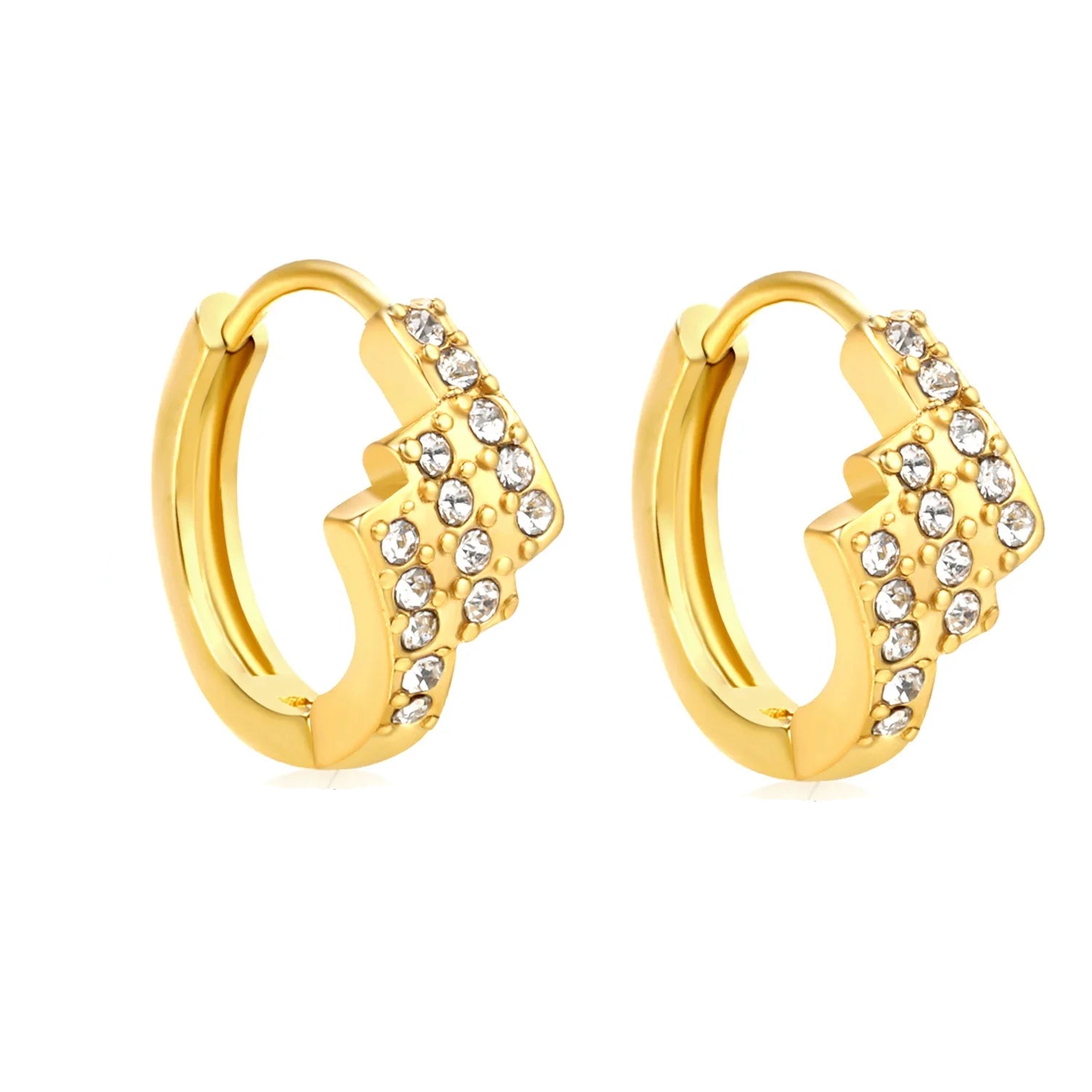 Gold hoop earrings with embedded crystals on a white background