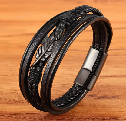 Multilayer leather bracelet with feather