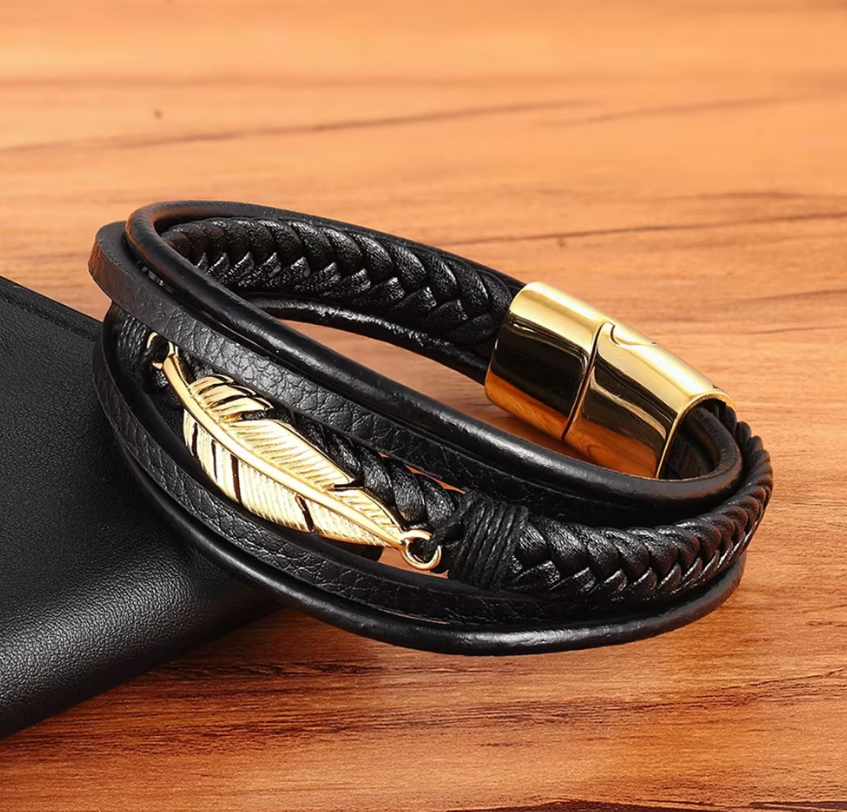 Multilayer leather bracelet with feather