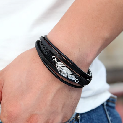 Multilayer leather bracelet with feather