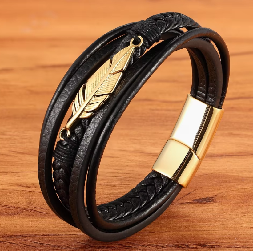 Multilayer leather bracelet with feather