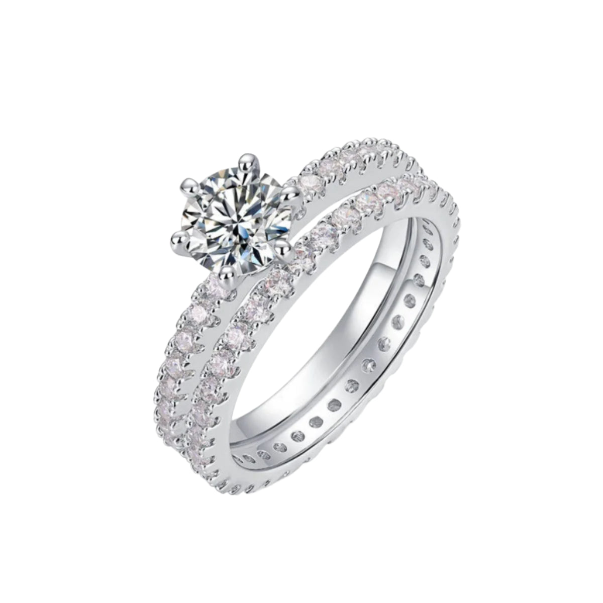 Close-up of a sterling silver ring set with glittering stones.