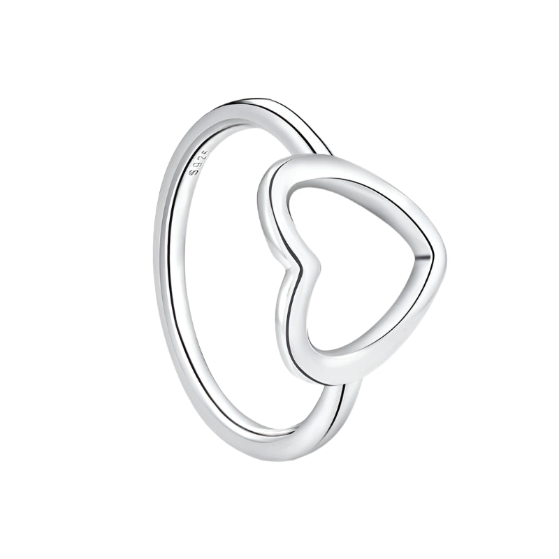 Silver heart-shaped ring with 'Sterling 925' stamp on a white background